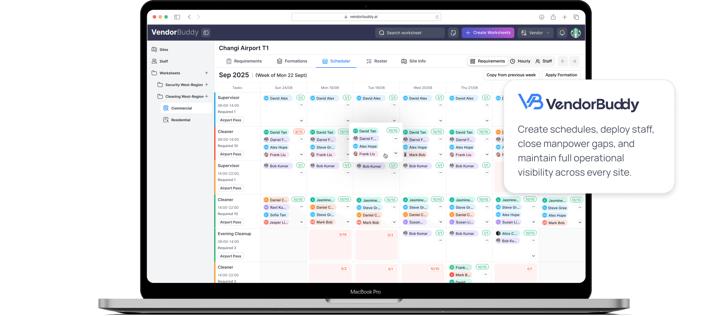 VendorBuddy on MacBook — schedules and site visibility