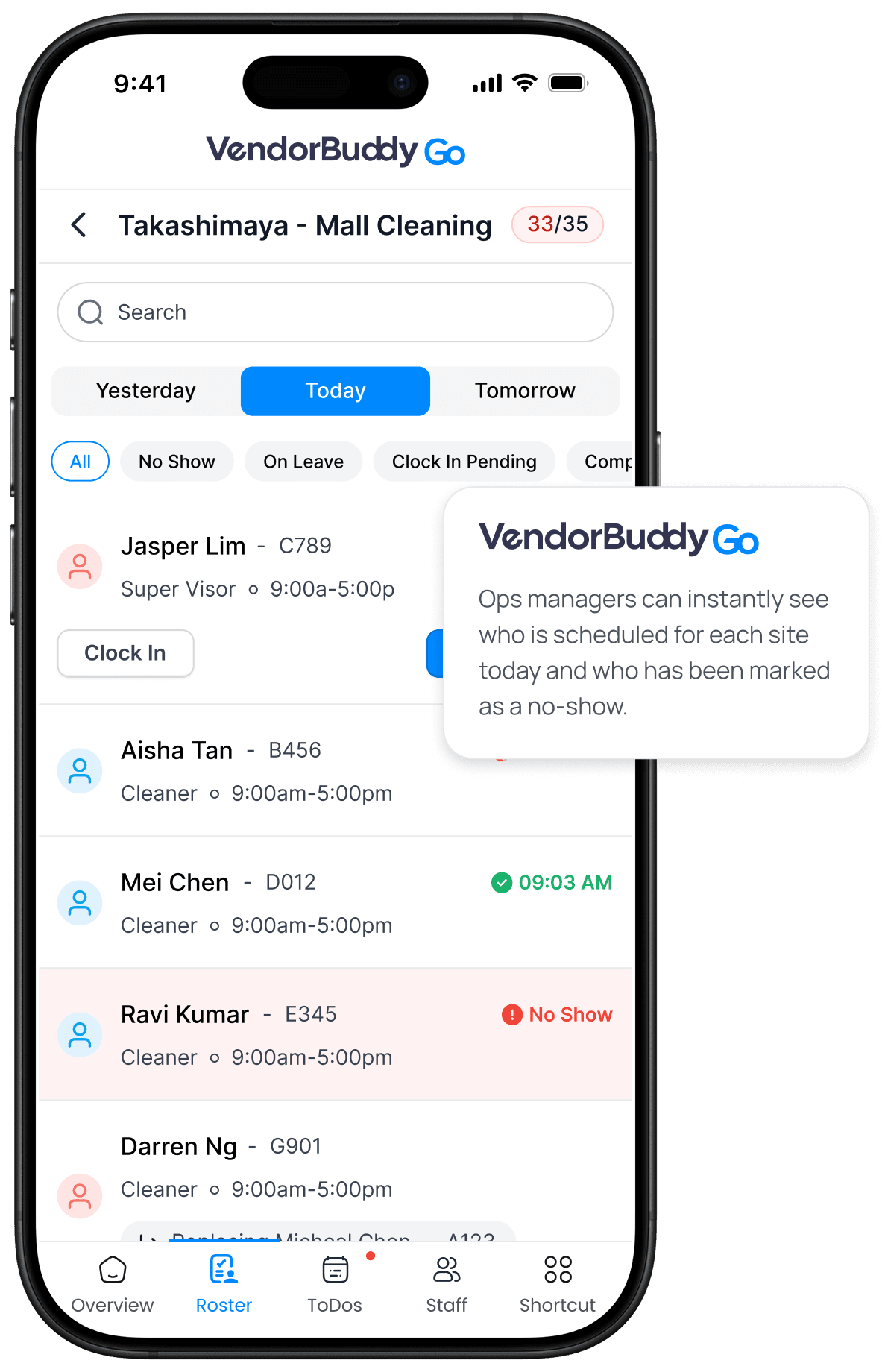 VendorBuddy Go on iPhone — today's schedule and sites